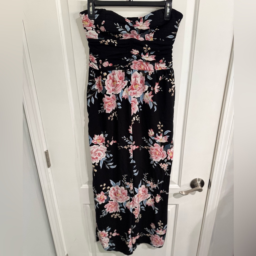 Xhilaration Strapless Black Jumpsuit with Pink Floral Design